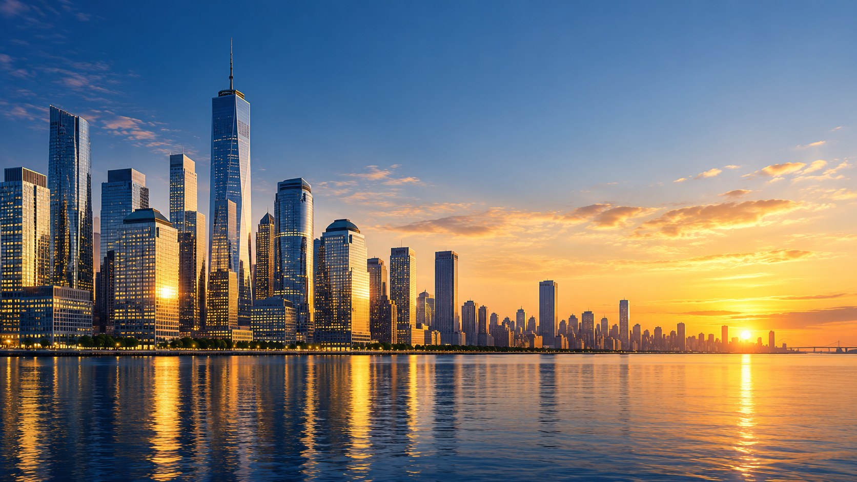 Modern waterfront city skyline at golden hour